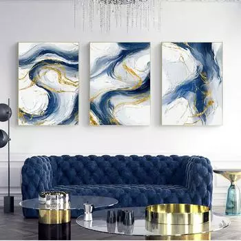 Роскошный Стиль Синий Золотой Абстрактная Простота Графическое Искусство Современная Картина на Холсте Печать Плакатов Настенная Картина Украшение Дома 21X30cm No Frame
