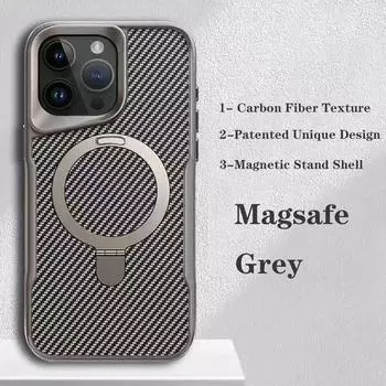 Роскошный супермагнитный чехол из углеродного волокна для iPhone 16 15 14 13 12 Pro Max Magsafe Wireless Charging Metal Bracket Cover Phone Cover For iPhone 16 Pro Max чёрный