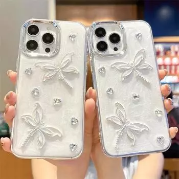 Роскошный сверкающий 3D-чехол для телефона со стрекозой и стразами для iPhone 16, 15, 14, 13, 12, 11, металлическая защита камеры, ударопрочный, устойчивый к царапинам чехол iPhone 16 Pro Max бежевый