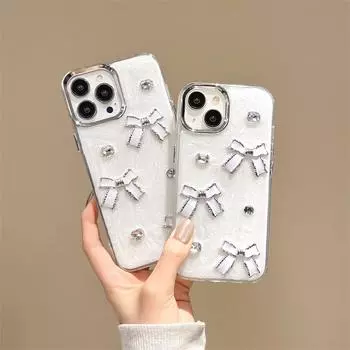 Роскошный сверкающий 3D-чехол для телефона со стразами и бантом для iPhone 16, 15, 14, 13, 12, 11, металлическая защита камеры, ударопрочный и устойчивый к царапинам чехол iPhone 16 Pro Max белый