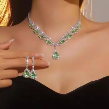 Роскошный сверкающий бриллиантовый комплект из серег и ожерелья цвета зеленого яблока, свадебные украшения, подвеска в виде капли воды.