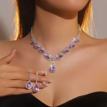 Роскошный сверкающий бриллиантовый супер красивый комплект ожерелья и серег, свадебные украшения, аметистовый комплект из двух серег с подвеской в виде капли воды