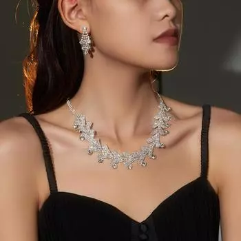 Роскошный сверкающий комплект из двух серег и ожерелья со стразами для невесты, аксессуары для свадебного платья