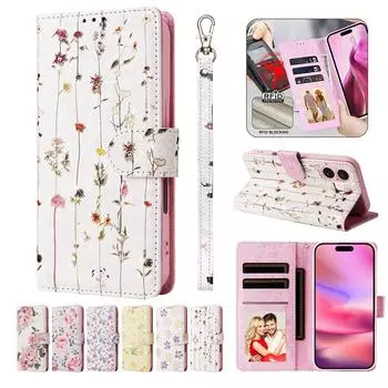 Роскошный тисненый цветочный браслет чехол для телефона iPhone 16 15 14 13 12 11 Samsung S25 S24 S23 A16 A15 A14 A56 A55 RFID блокирующий держатель для карт кошелек iPhone 14 Plus/15 Plus белый