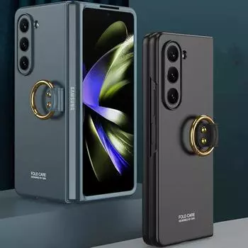 Роскошный тонкий чехол с кольцом для Samsung Galaxy Z Fold 5, матовый жесткий пластиковый противоударный защитный чехол For Galaxy Z Fold 5 чёрный