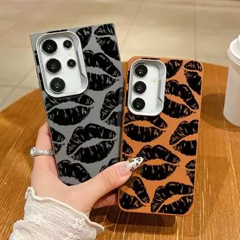 Роскошный тонкий магнитный чехол с принтом губ для Samsung S24 FE S23 Ultra S22 Plus S21 для MagSafe, противоударный чехол из мягкого матового полиуретана с текстурой кожи Samsung S24 FE чёрный