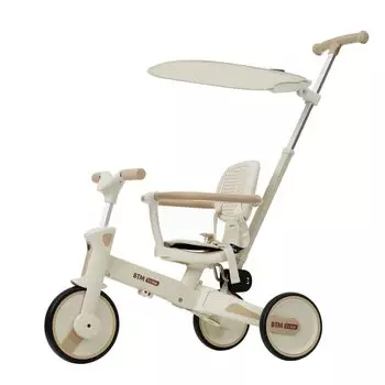 Роскошный трехколесный велосипед OSJ x трехколесный автомобиль с ручкой управления и сиденьем безопасности, трехколесный велосипед, складывающийся одним нажатием, детский (Бежево-коричневый) Зонт, Бар,