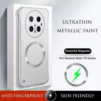 Роскошный ультратонкий металлический чехол без рамки для телефона Huawei Mate 70 Pro Plus с магнитной беспроводной зарядкой, матовый чехол с защитой от отпечатков пальцев, жесткий корпус из ПК For Huawei Mate 70 чёрный