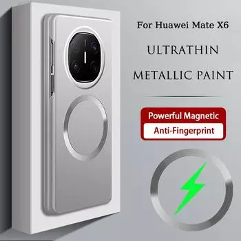 Роскошный ультратонкий металлический чехол для телефона Huawei Mate X6 с магнитной беспроводной зарядкой, матовый металлический чехол с защитой от отпечатков пальцев, жесткий корпус из ПК For Mate X6 чёрный