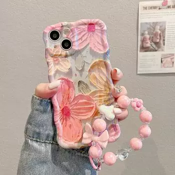 Роскошный весенний чехол с изображением цветов в стиле масляной живописи Blue-ray для iPhone 16 15 14 13 12 11 Pro Max с завитыми волнистыми краями, защитой камеры, мягким IMD-чехлом с браслетом iPhone 16 Pro Max