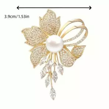 Роскошный вид| Элегантная брошь-булавка в золотистом тоне в виде цветка с сияющими кристаллами и жемчужным акцентом - Шикарный модный аксессуар для женских платьев и блейзеров