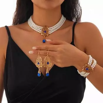 Роскошный винтажный комплект ювелирных изделий из искусственного жемчуга для женщин, металлические цветы, стразы, серьги, колье, браслет, наборы, свадебные украшения для невесты