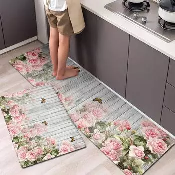 Роскошный винтажный мохнатый кухонный коврик с цветочным принтом, мягкий утолщенный кухонный коврик, водонепроницаемый нескользящий маслостойкий напольный коврик, коврик для бега 40x60cm/15.7x23.6 Inches