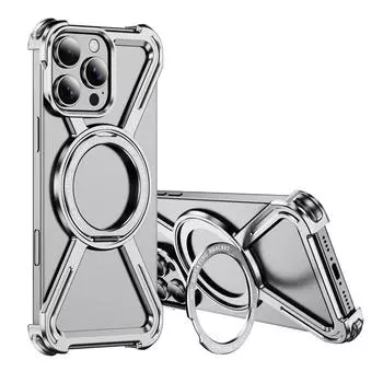 Роскошный Z-образный безрамочный чехол для iPhone 16 15 14 13 Pro Max Magsafe, алюминиевый металлический чехол, магнитный бампер, вращающаяся на 360° подставка For iPhone 16 Pro Max чёрный