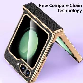 Роскошный защитный чехол из натуральной кожи для Samsung Galaxy Z Flip 5 с золотым покрытием, противоударный чехол-бампер For z flip 5 бежевый