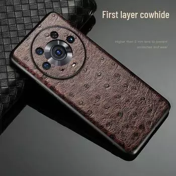 Роскошный защитный чехол из натуральной кожи для серии Honor Magic5 — дизайн из страусиной кожи, полный комплект Honor Magic 5 серый