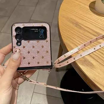 Роскошный защитный чехол с позолотой и звездами, полная защита, чехол для телефона Samsung Galaxy Z Flip 3, регулируемый ремешок через плечо For Samsung Z Flip 3