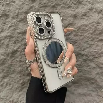 Роскошный зеркальный чехол с бриллиантами и магнитной зарядкой, мягкий силиконовый чехол для iPhone 16, 15, 14, 13, 12, Pro, Max, Plus, 11, прозрачный, противоударный чехол iPhone 11 чёрный