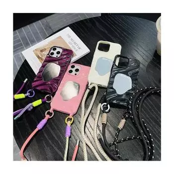 Роскошный зеркальный волнистый чехол для iPhone 16 Pro Max 15 Pro 14 13 12 11 модный мягкий противоударный глянцевый чехол для телефона Corssbody Lanyard iPhone 16 чёрный