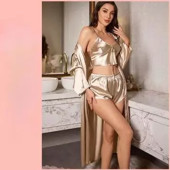 Роскошный женский шелковый атласный комплект пижамы с V-образным вырезом, шорты-камисоль, элегантный комфорт, домашняя ночная рубашка, романтический наряд для дома S чёрный