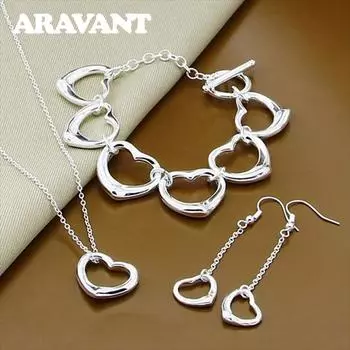 Роскошный женский свадебный комплект ювелирных изделий из серебра 925 пробы, ожерелья в форме сердца, браслеты, длинные цепочки, висячие серьги, подарок на годовщину