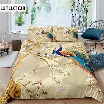 Роскошный золотой пододеяльник с павлином, покрывало с павлином и цветочным принтом, комплект постельного белья для взрослых и девочек, покрывало с животными и ботаническим рисунком EU single(135x200cm)