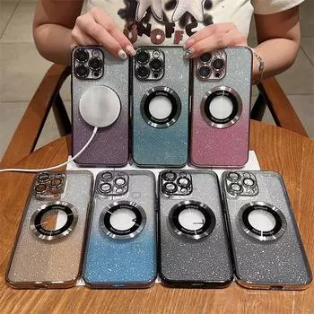 Роскошный золотой щит с гальваническим градиентом цвета, блестящий магнитный чехол для беспроводной зарядки для iPhone 14 13 12 11 Pro Max, защитный чехол от падения iPhone 14 Pro Max чёрный