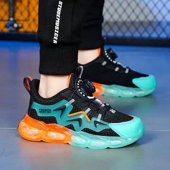 Rotary buckle boys shoes spring and summer mesh breathable mesh shoes 2025 children s soft-soled casual sports basketball shoes running tide 28 темно-синий