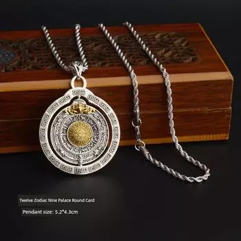Rotatable Six-Word Mantra Necklace Men s Twelve Zodiac Nine Palace round Plate Pendant Pendant Simple Jewelry Women with Lanyard Zodiac Nine Palace Round Brand +60cm Twist Chain