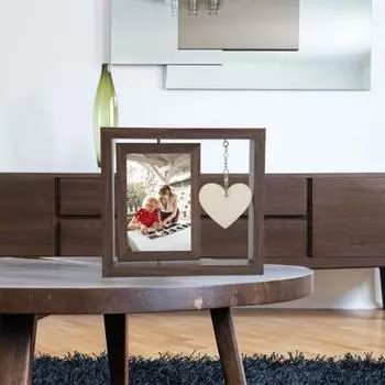 Rotating Wood Picture Frame Double Sided Photo Holder with Heart Pendant Tabletop Freestanding дубильная кора
