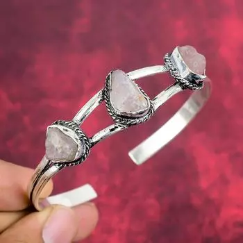 Браслет из необработанного розового кварца, браслет из драгоценных камней, ювелирные изделия из цельного серебра 925 пробы, регулируемый браслет ручной работы уникальной формы Adjustable розовый
