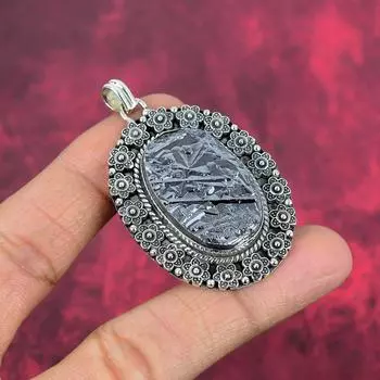 Rough Shungite Pendant, 925 Sterling Silver Pendant Jewelry, Handmade Pendant Gemstone Jewelry For Thanksgiving 2.28 Inches серый