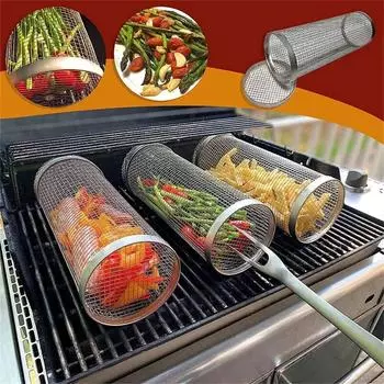 Round Barbecue Basket Home Garden Cookware Bbq Kitchen Utensils Stainless Steel Rolling Grill Basket Outdoor for You Laundry