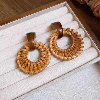Round Bohemian Drop Earrings Wood Geometric Earrings Cute Rattan Weave Earrings Party Style 4