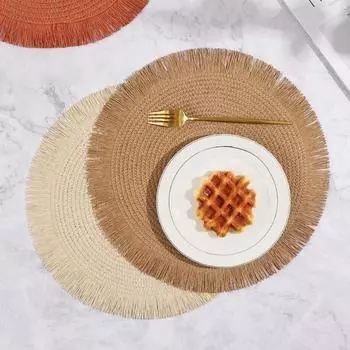 Round Braided Placemats - Hand Woven Table Mats with Fringe Non-Slip Heat Resistant Dining DecorTea Cup Coasters for Home 38cm
