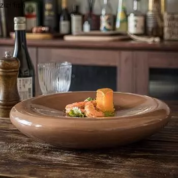 Round Brown Thickened Ceramic Dinner Plate Western Food Plate Steak Plates Serving Plates Dessert Bowl Fruit Dish Salad Bowl