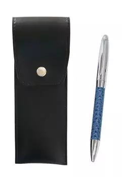 Round button style Japanese pen case black genuine leather wrapped rotating ballpoint pen director set blue 3 pack T23-BRS-B-PD03-L-3