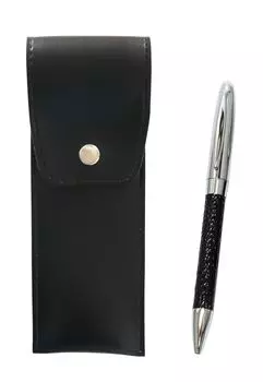 Round button type Japanese pen case black genuine leather wrapped rotating ballpoint pen director set black 3 pack T23-BRS-B-PD03-B-3