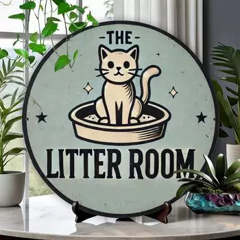 Round Cat-Themed Aluminum Metal Sign The Litter Room - Handcrafted Foil Engraved Wall Art for Home, Dorm, Bar, Cafe, Pool, чёрный