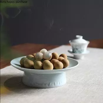 Round Ceramic Plate Tall Feet Fruit Tray Tea Ceremony Hollow Out Drain Pan Refreshment Tray Decorative Bowl Dessert Snack Plate