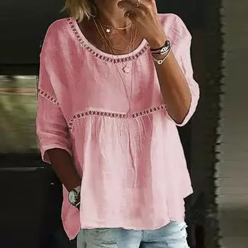 Блузки с круглым воротником, весна-лето, модные блузки, белые, розовые, женские, повседневные, свободные, женские, из хлопка и льна XXL белый