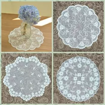 Round Cup Pad Flower Embroidery Placemat Coffee Table Doily Home A