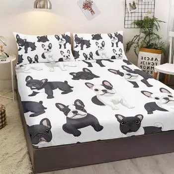 Трехпредметный постельный комплект «Круглоглазый французский бульдог», с двумя наволочками, подходит для кроватей в спальне (Милый, Мультяшный Питомец) 99cmx199cm