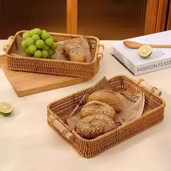 Round Food Storage Tray With Handle Breakfast Bread Food Plate Handmade Woven Fruit Cake Basket