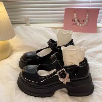Round head black versatile small leather shoes women s new thick heel versatile Mary Jane single shoes comfortable and versatile 35