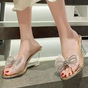 Round head bow one-character summer 2024 new fashionable large size women s versatile slope heel sandals 43 35 золотой