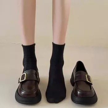 Round Head British Style Brown Thick Sole Small Leather Shoes Women s New Autumn Inner Match Match Skirt Chunky Heel Loafer Shoes 35 чёрный