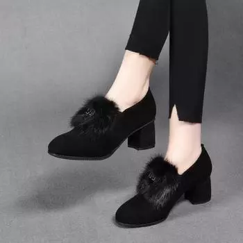Round head deep mouth single shoes fluffy shoes women s new sheepskin thick heel ankle shoes one pedal women s shoes high heels 34