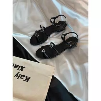 Round head double with love diamond buckle adjustable flat sandals women s leather thick heel high heel sandals 35