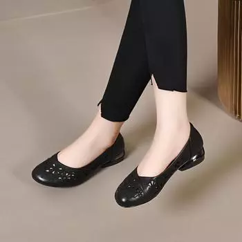 Round head embroidered single shoes women s shoes spring and new first-layer cowhide shallow mouth comfortable hollow flat shoes 34
